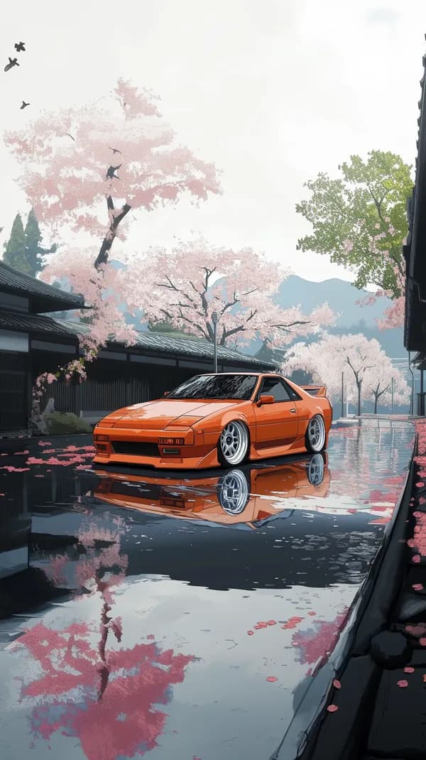 Vibrant Orange Sports Car in Sakura Street Scene Wallpaper - HD Wallpaper, 4k Background Image