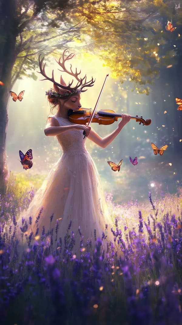 Enchanted Forest Violinist in a Lavender Field Under Sunbeams - HD Wallpaper, 4k Background Image