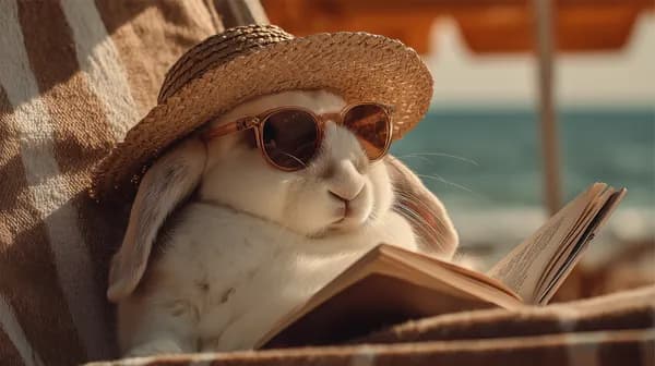Sunny Beach Bunny in Straw Hat Reading a Book Wallpaper - HD Wallpaper, 4k Background Image