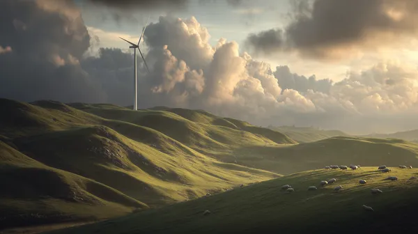 Serene Emerald Hills at Sunset with a Wind Turbine - HD Wallpaper, 4k Background Image