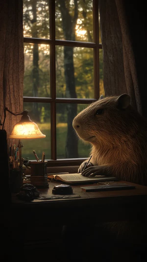 Cozy Desk Scene: Writing Rodent at Golden Sunset Window - HD Wallpaper, 4k Background Image