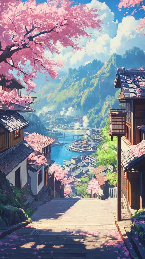 Pastel Cherry Blossom Village Wallpaper - Serene Mountain Town - HD Wallpaper, 4k Background Image