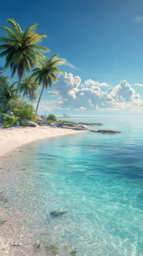 Tropical Beach Paradise: Clear Turquoise Waters and Palm Trees - HD Wallpaper, 4k Background Image