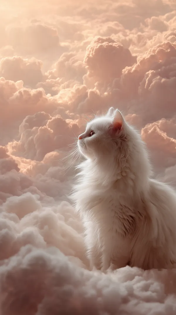 Pastel Cloudscape Wallpaper: White Cat Amid Soft Sunset Clouds - HD Wallpaper, 4k Background Image