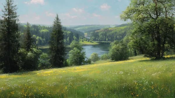 Tranquil meadow by a serene lake landscape wallpaper - HD Wallpaper, 4k Background Image