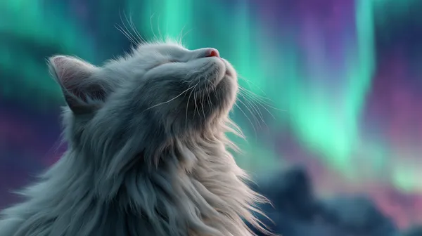Soft snowy cat under colorful aurora lights wallpaper - HD Wallpaper, 4k Background Image