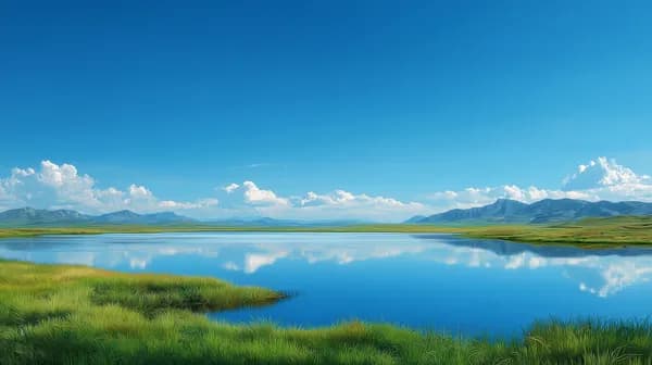 Tranquil Blue Sky Mountain Lake Landscape with Green Grass - HD Wallpaper, 4k Background Image