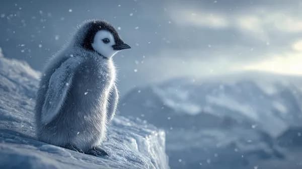 Dreamy Fluffy Penguin Chick on Icy Cliff in Winter Snowscape - HD Wallpaper, 4k Background Image