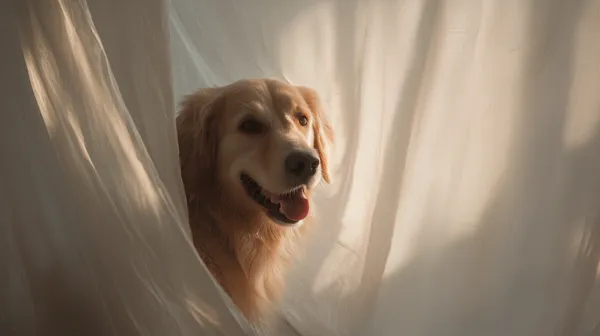 Golden Retriever Peeking Through Soft Curtains - Cozy Wallpaper - HD Wallpaper, 4k Background Image
