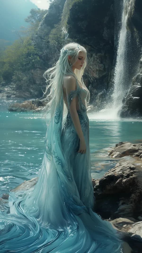 Ethereal Ice Queen by a Waterfall in a flowing aqua gown - HD Wallpaper, 4k Background Image