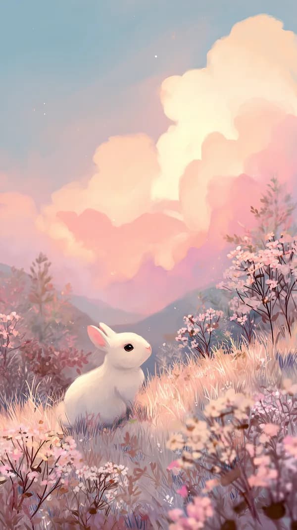 Pastel Dream Meadow: White Bunny in Soft Cloudscape - HD Wallpaper, 4k Background Image