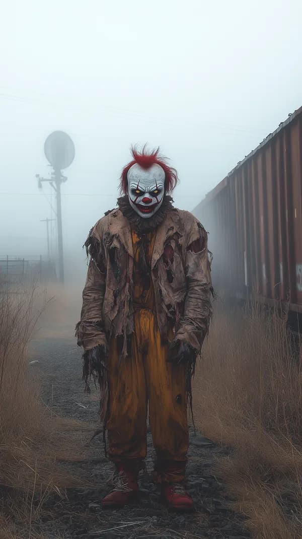 Clown in Foggy Trainyard - Atmospheric Eerie Horror Wallpaper - HD Wallpaper, 4k Background Image