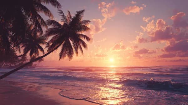 Tranquil Sunset Beach Scene with Palm Trees at Golden Hour - HD Wallpaper, 4k Background Image