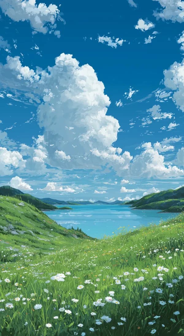 Tranquil Mountain Lake Landscape with Wildflowers and Clouds - HD Wallpaper, 4k Background Image