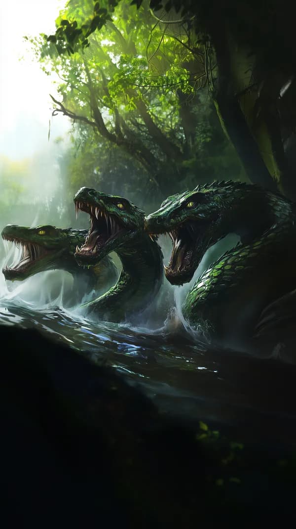 Triple-Headed Jungle Dragon in a Misty River Scene - HD Wallpaper, 4k Background Image