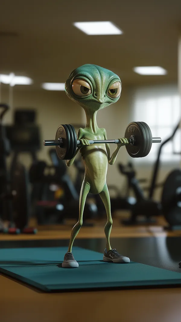 Cartoon Green Alien Lifting Weights in Gym Wallpaper - HD Wallpaper, 4k Background Image