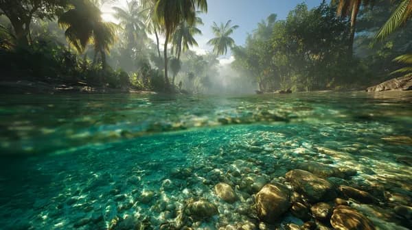 Crystal Clear Tropical River Underwater Scene in Sunlit Jungle - HD Wallpaper, 4k Background Image