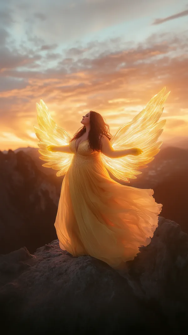 Golden Wings at Sunset: Ethereal Woman on a High Cliff - HD Wallpaper, 4k Background Image