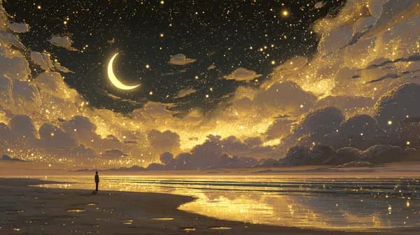 Golden Night Sky Beach Scene with Crescent Moon and Stars - HD Wallpaper, 4k Background Image