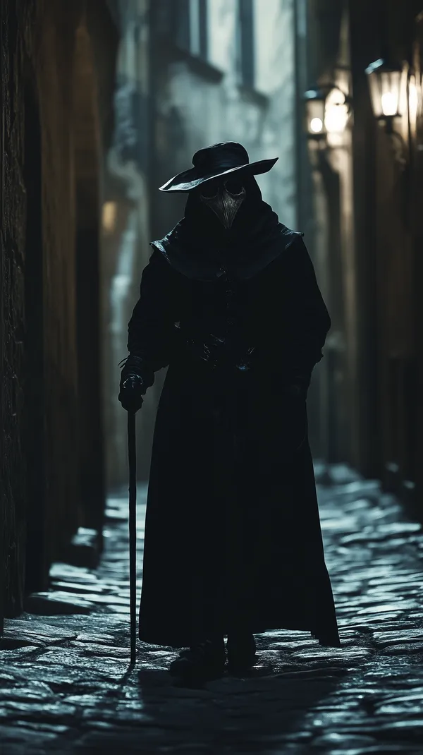 Moonlit Plague Doctor Silhouette in a Narrow Cobblestone Alley - HD Wallpaper, 4k Background Image