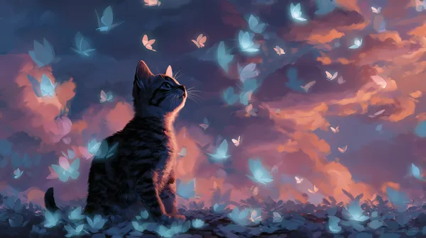 Dreamy Cat Under a Sky of Glowing Butterflies at Sunset - HD Wallpaper, 4k Background Image