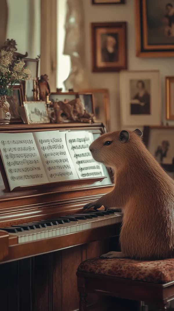 Cozy Vintage Living Room with Animal Pianist at Piano - HD Wallpaper, 4k Background Image