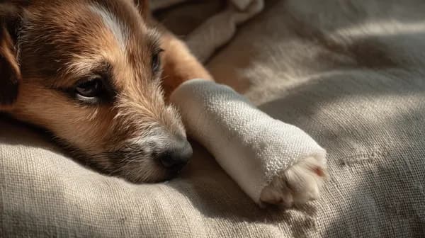 Cozy dog resting with a bandaged paw on soft beige fabric - HD Wallpaper, 4k Background Image