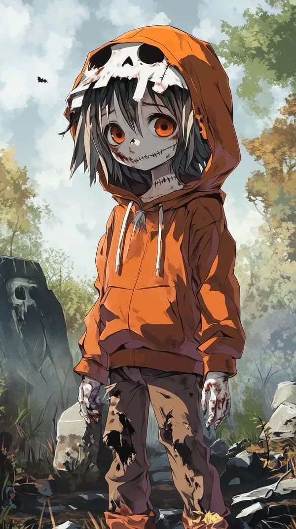 Chilling Cartoon Girl in Orange Skull Hoodie - Haunted Forest - HD Wallpaper, 4k Background Image