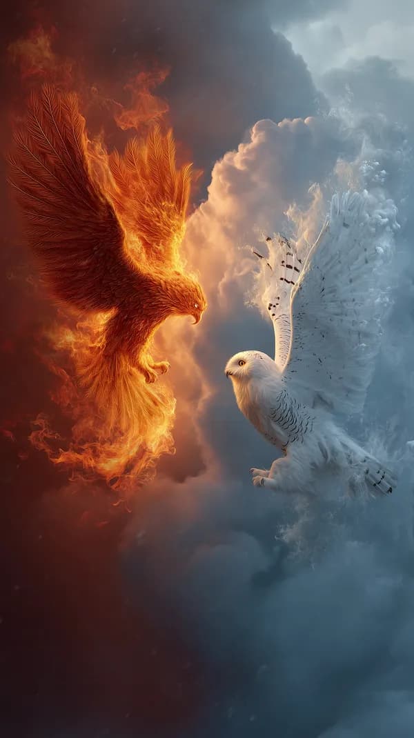 Fiery Fire and Icy Snow Eagles Clash in Epic Sky Wallpaper - HD Wallpaper, 4k Background Image