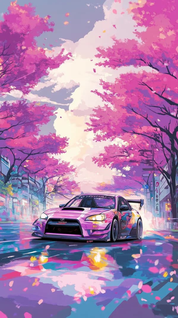 Vibrant Pink Sports Car Dash Through Sakura Street at Sunset - HD Wallpaper, 4k Background Image