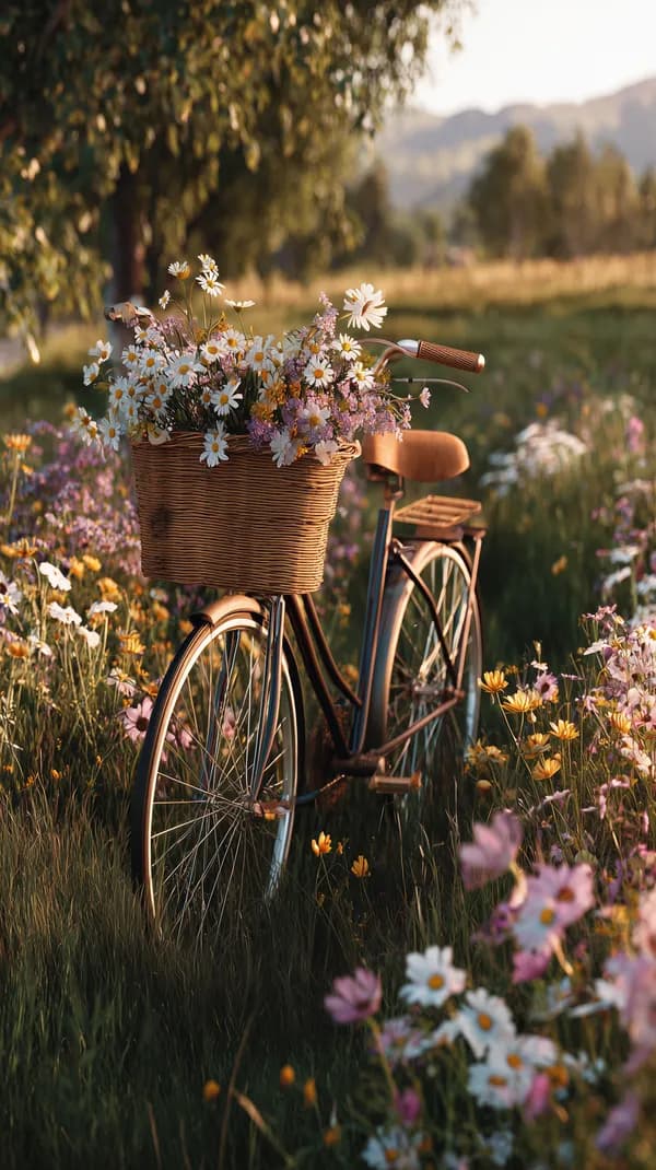Golden Hour Bicycle with Flower Basket in a Serene Meadow Bloom - HD Wallpaper, 4k Background Image