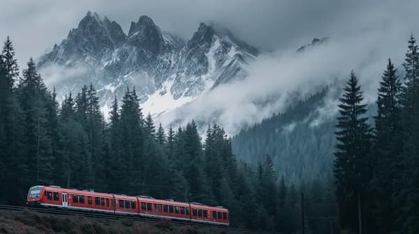 Red Passenger Train Through Misty Mountain Forest and Snowy Peaks - HD Wallpaper, 4k Background Image