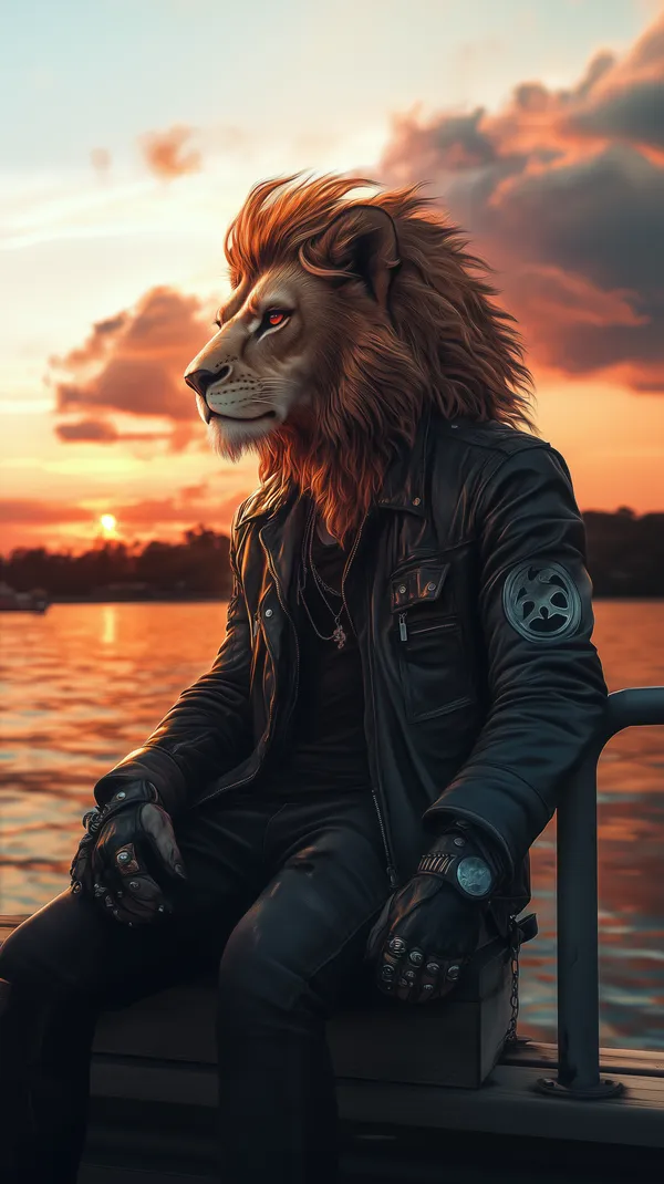 Lion-Headed Biker at Sunset on a Dock Wallpaper - High-Resolution - HD Wallpaper, 4k Background Image
