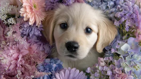 Pastel Floral Frame: Adorable Puppy Portrait among Flowers - HD Wallpaper, 4k Background Image