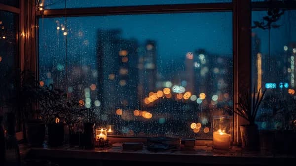Cozy Rainy Night Cityscape Wallpaper with Candlelit Window - HD Wallpaper, 4k Background Image