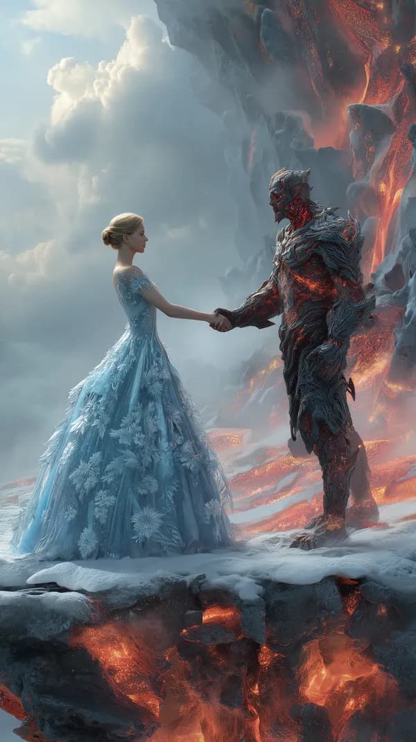 Ice Princess and Lava Golem Unite on Snowy Volcanic Ridge - HD Wallpaper, 4k Background Image