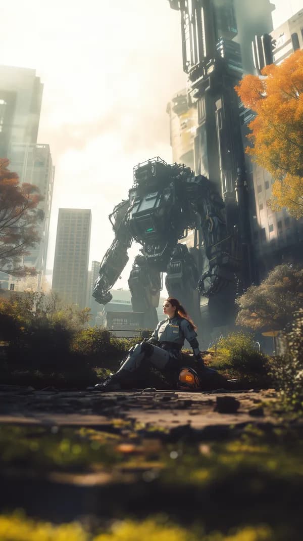 Futuristic cityscape with a towering mech and lone pilot - HD Wallpaper, 4k Background Image