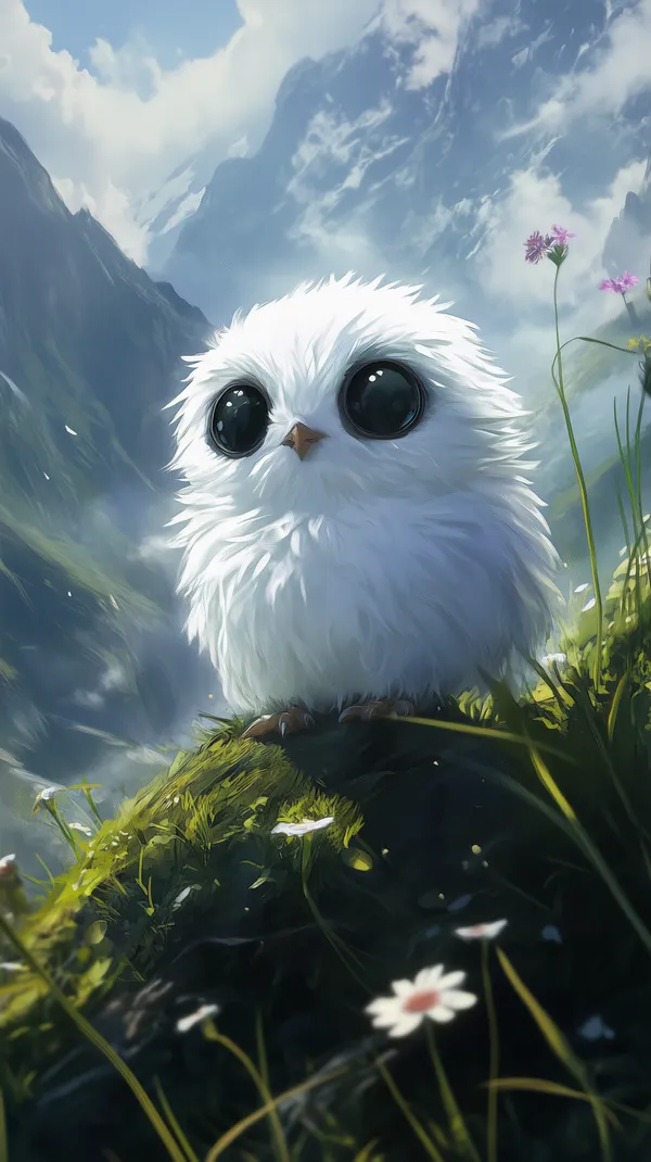 Whimsical Fluffy Chick in Mountain Meadow - Digital Painting - HD Wallpaper, 4k Background Image