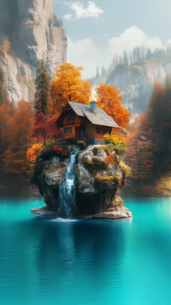Autumn Cottage on a Rocky Island Over Turquoise Lake - HD Wallpaper, 4k Background Image