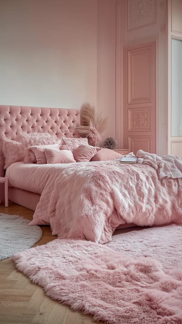 Soft Pink Bedroom: Tufted Headboard, Plush Fur Bedding - HD Wallpaper, 4k Background Image