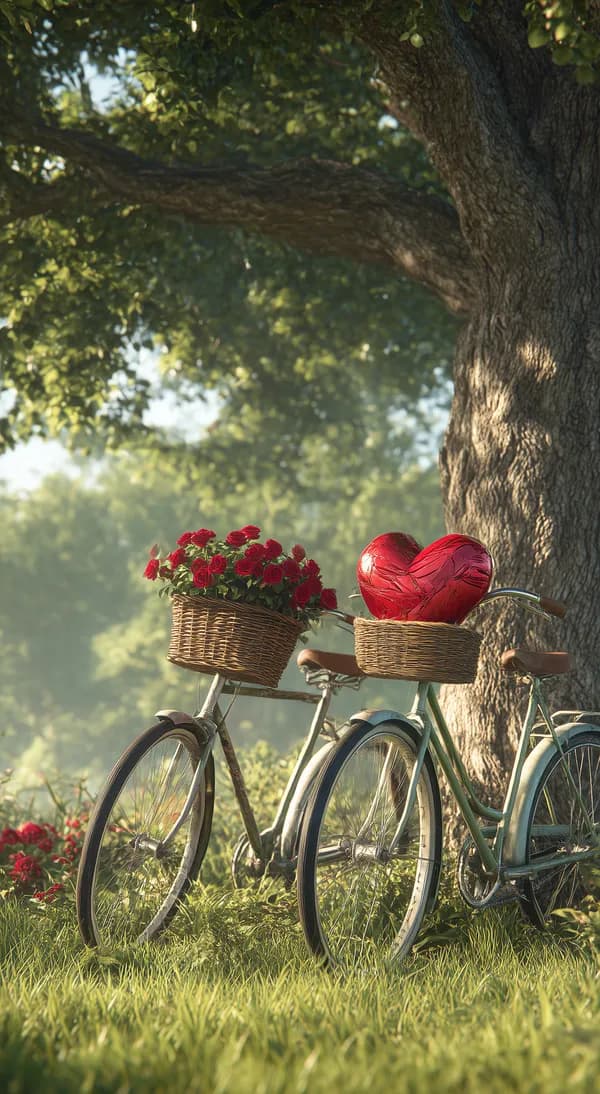 Romantic Bicycle Under a Tree with Roses and Heart Balloon - HD Wallpaper, 4k Background Image