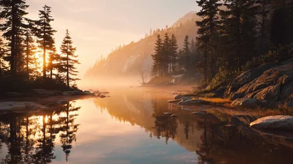 Golden Sunrise Over Serene Forest Lake with Rocky Shore - HD Wallpaper, 4k Background Image