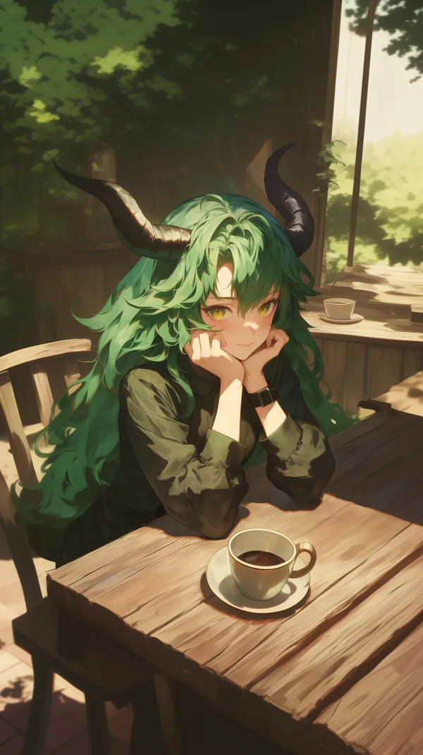 Green-Haired Horned Girl in a Sunlit Cafe - Fantasy Wallpaper - HD Wallpaper, 4k Background Image