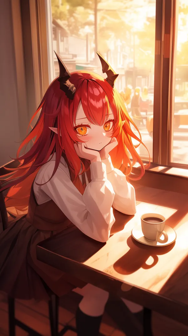 Sunlit Demon-Haired Girl in a Cozy Café — Fantasy Wallpaper - HD Wallpaper, 4k Background Image