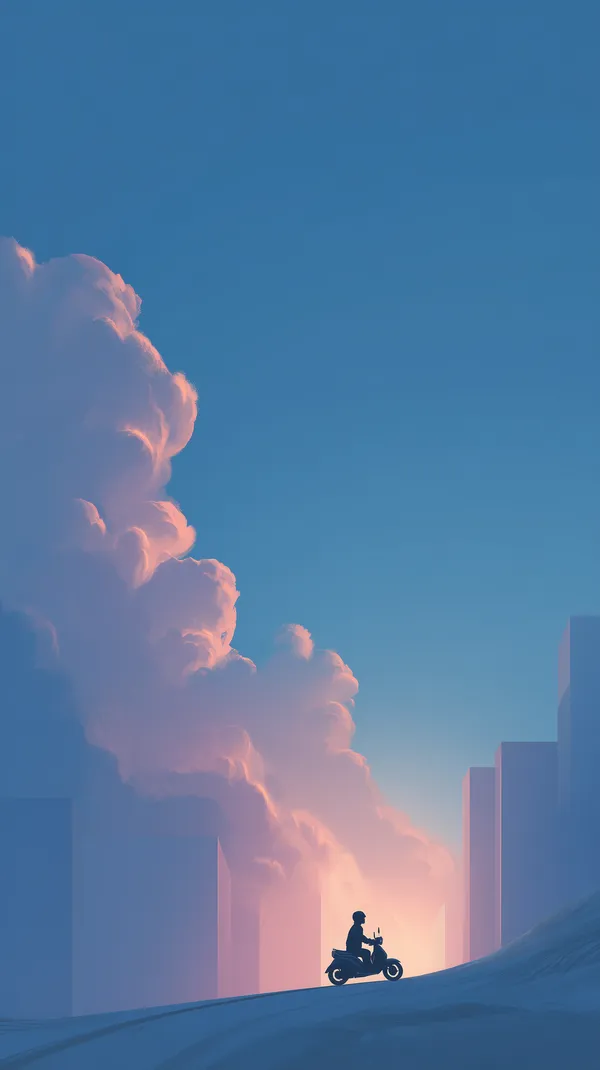 Dreamy Cityscape at Dusk: Silhouette on Scooter in Blue Sky - HD Wallpaper, 4k Background Image