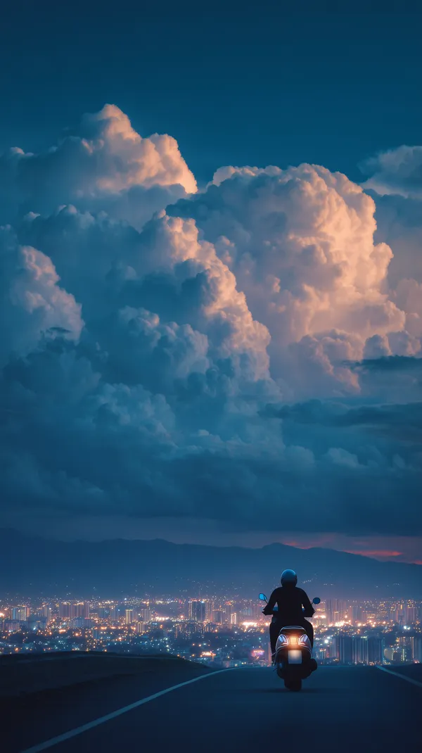 Moody Cloudscape Over City at Night with Rider on Road - HD Wallpaper, 4k Background Image