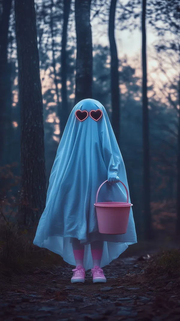 Pastel Forest Ghost with Neon Heart Eyes and Pink Bucket - HD Wallpaper, 4k Background Image