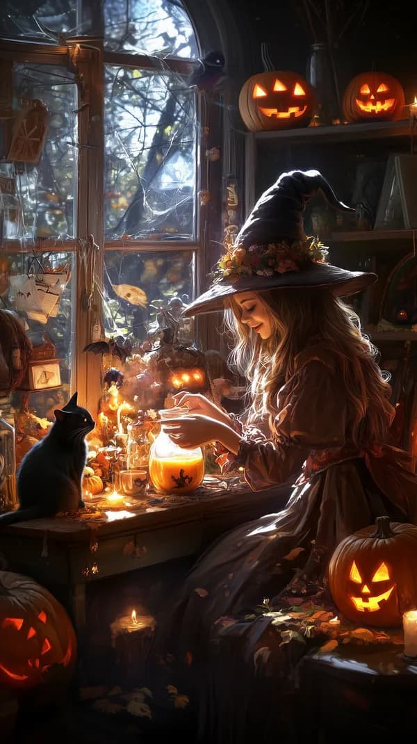 Cozy Halloween Witch by Window Lanterns and Pumpkins - HD Wallpaper, 4k Background Image
