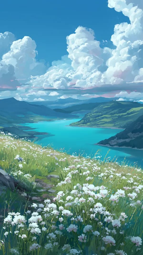 Serene turquoise lake amid rolling hills and wildflowers - HD Wallpaper, 4k Background Image