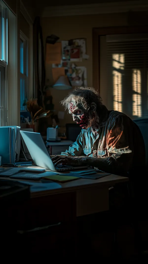Moody Zombie at Laptop in Dim Home Office – Night Wallpaper - HD Wallpaper, 4k Background Image